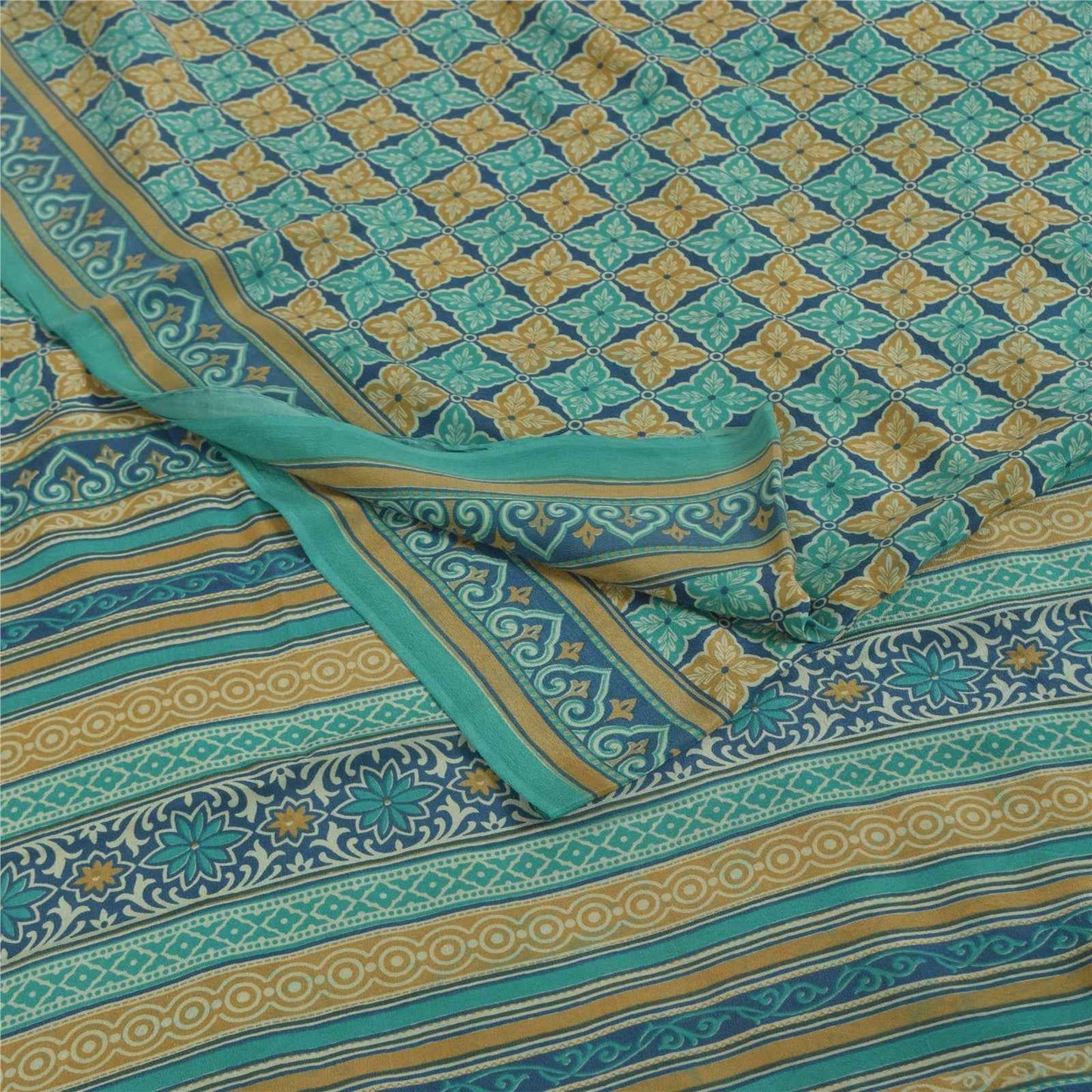 Sanskriti Vintage Sarees Blue Pure Crepe Silk Printed Sari 5+yd Craft Fabric