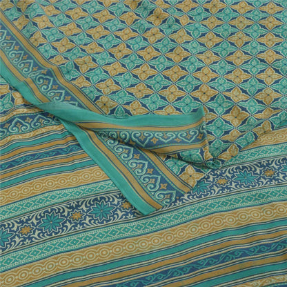 Sanskriti Vintage Sarees Blue Pure Crepe Silk Printed Sari 5+yd Craft Fabric
