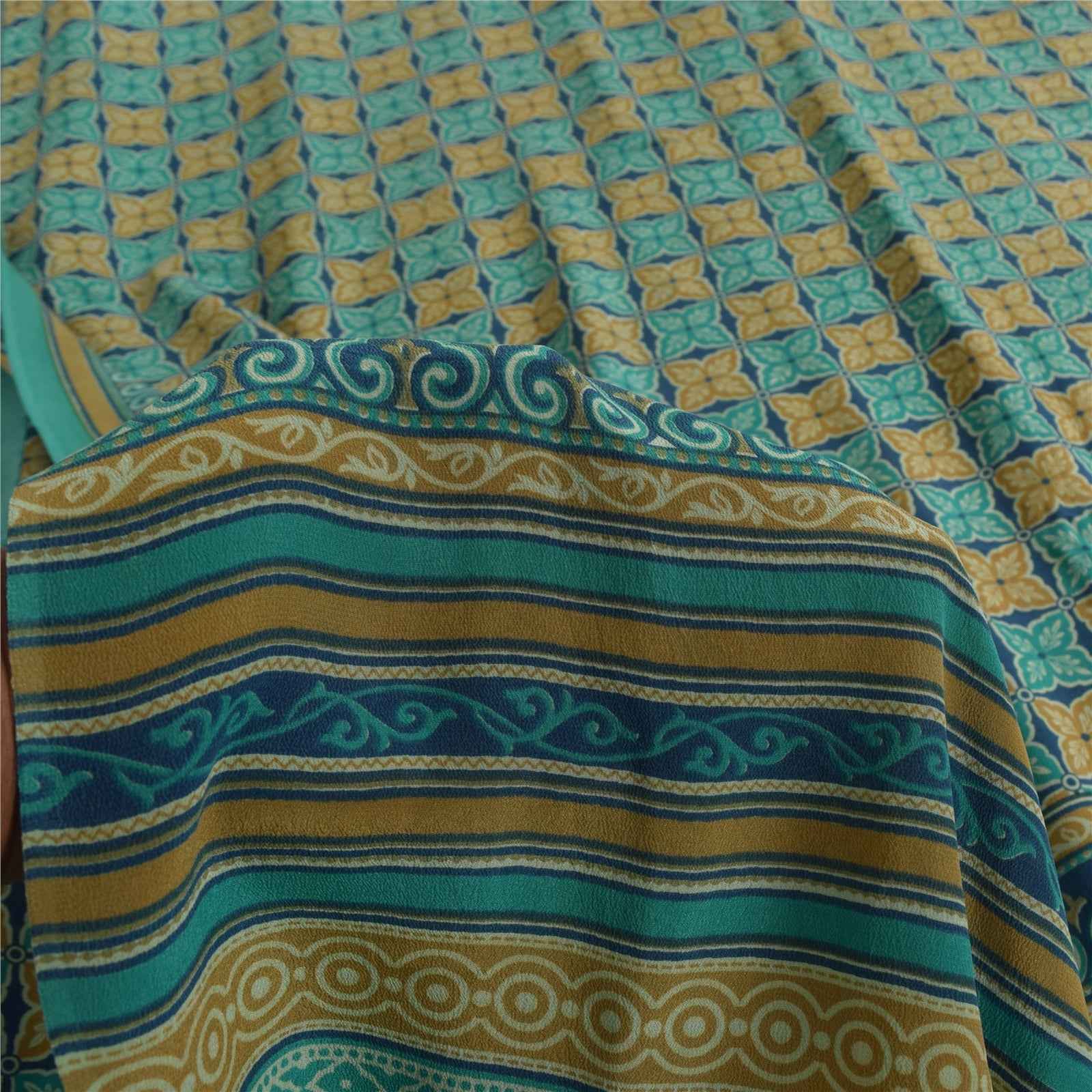 Sanskriti Vintage Sarees Blue Pure Crepe Silk Printed Sari 5+yd Craft Fabric