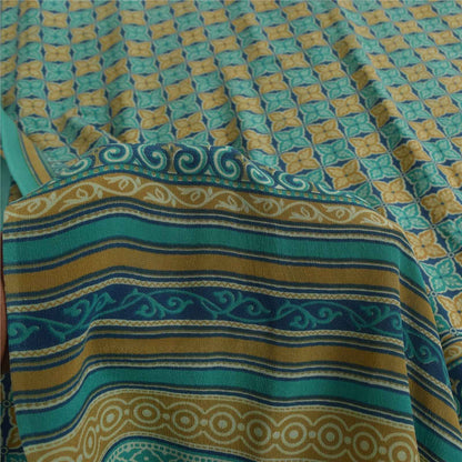 Sanskriti Vintage Sarees Blue Pure Crepe Silk Printed Sari 5+yd Craft Fabric