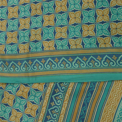 Sanskriti Vintage Sarees Blue Pure Crepe Silk Printed Sari 5+yd Craft Fabric
