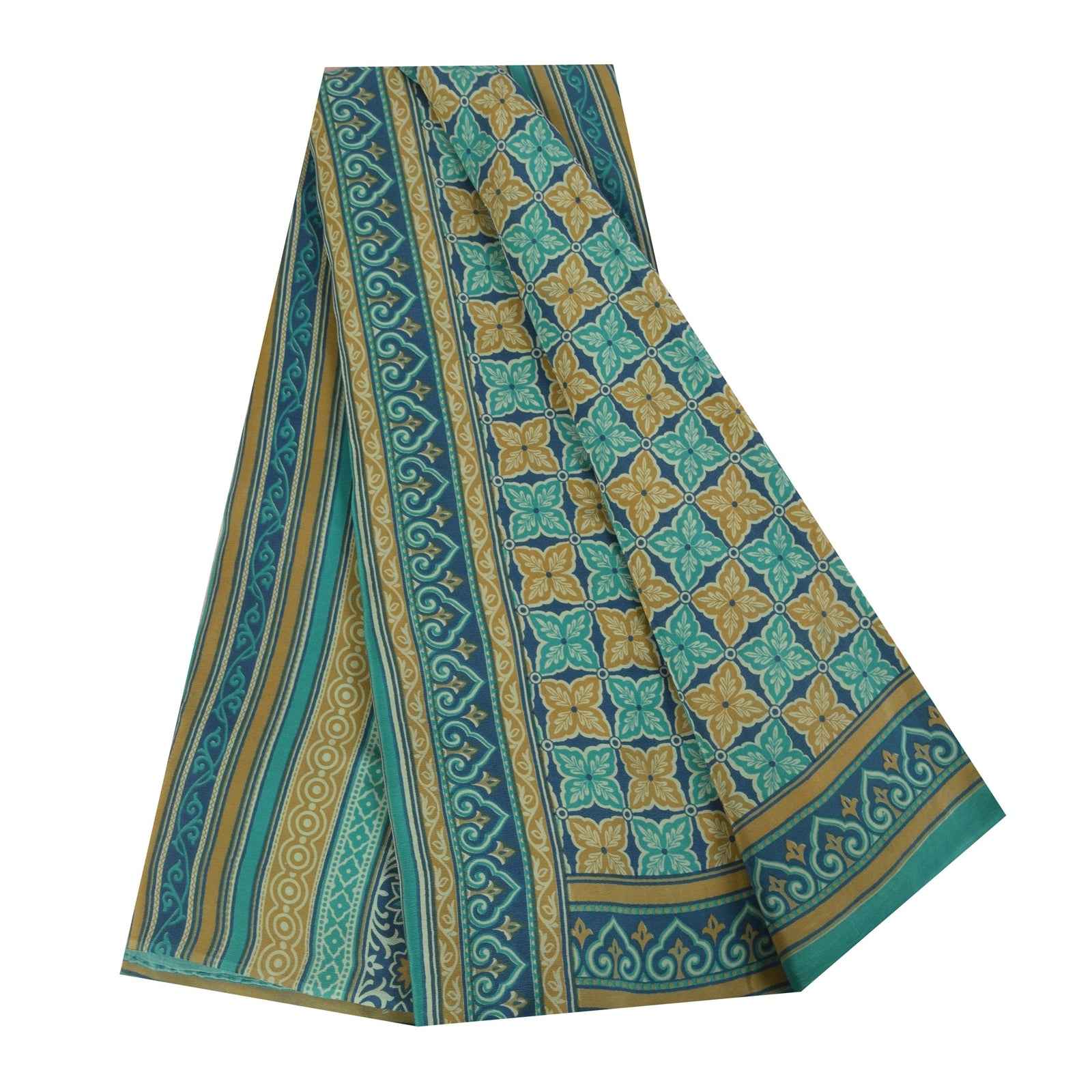 Sanskriti Vintage Sarees Blue Pure Crepe Silk Printed Sari 5+yd Craft Fabric