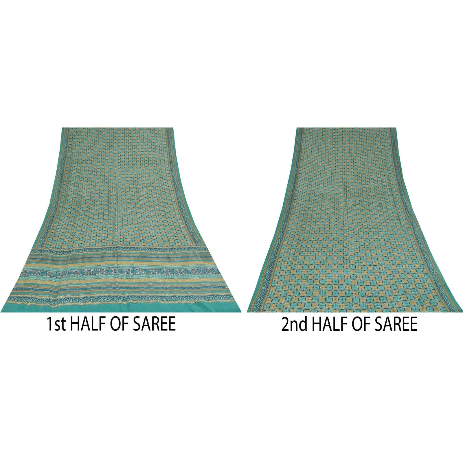 Sanskriti Vintage Sarees Blue Pure Crepe Silk Printed Sari 5+yd Craft Fabric