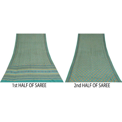 Sanskriti Vintage Sarees Blue Pure Crepe Silk Printed Sari 5+yd Craft Fabric