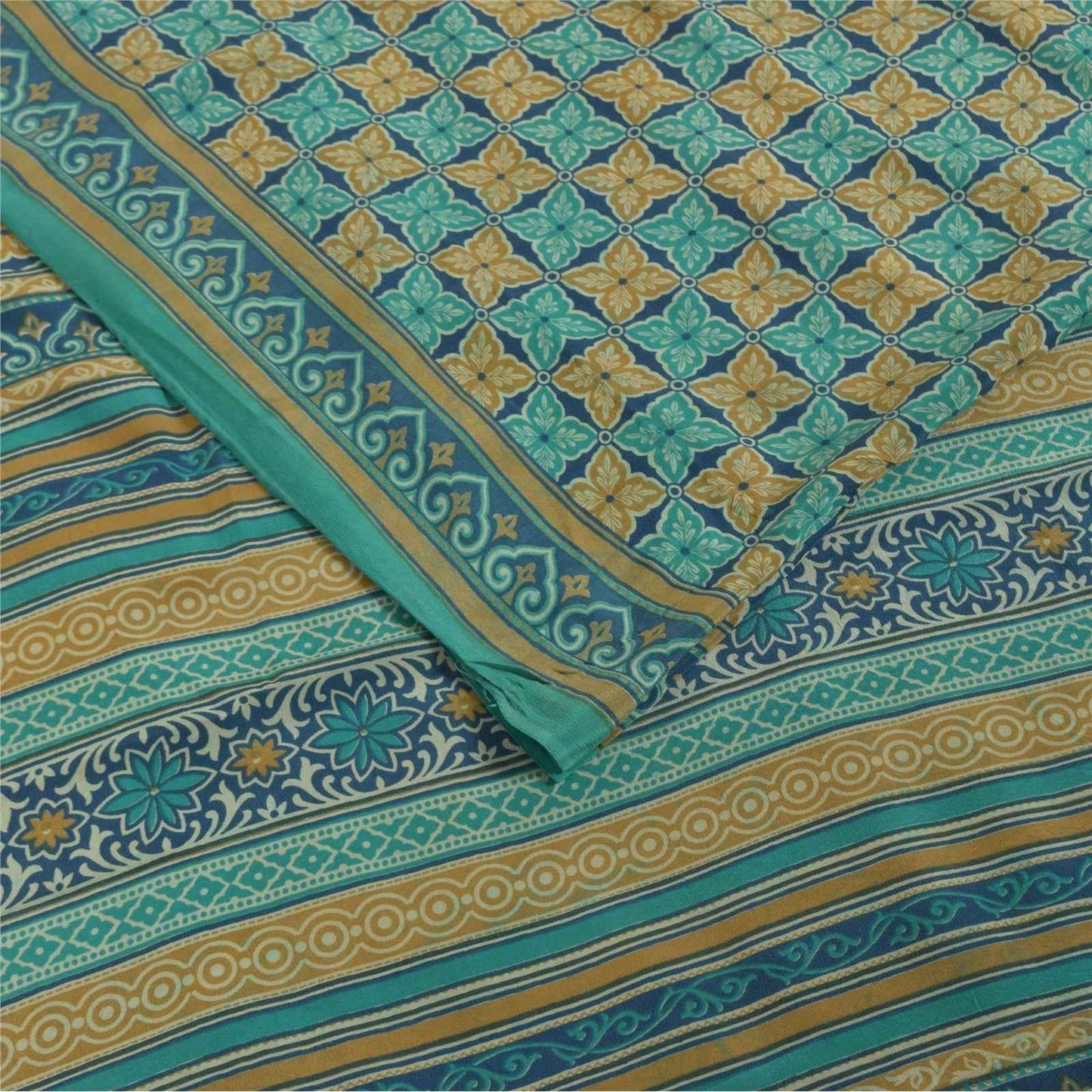 Sanskriti Vintage Sarees Blue Pure Crepe Silk Printed Sari 5+yd Craft Fabric
