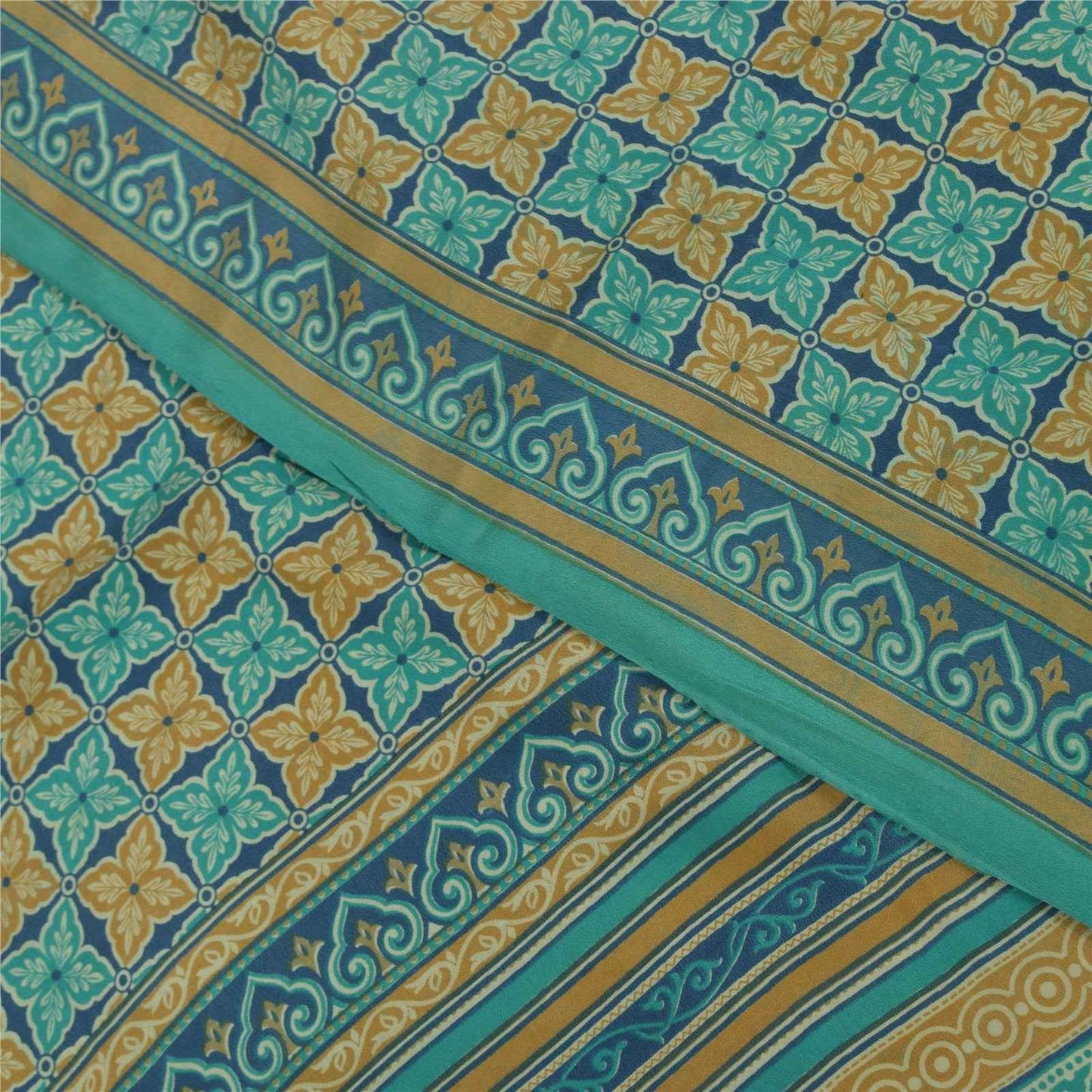 Sanskriti Vintage Sarees Blue Pure Crepe Silk Printed Sari 5+yd Craft Fabric