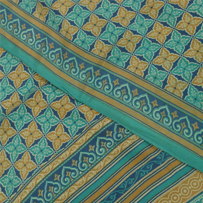 Sanskriti Vintage Sarees Blue Pure Crepe Silk Printed Sari 5+yd Craft Fabric