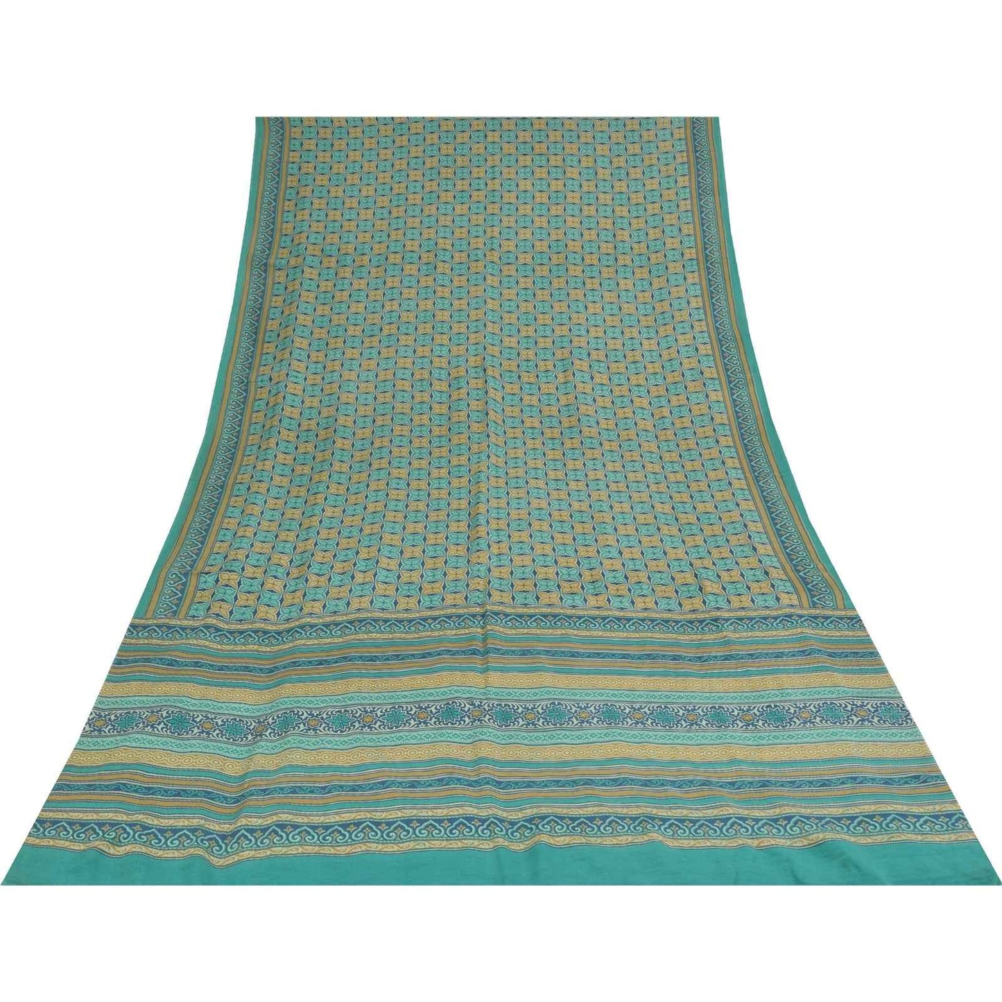 Sanskriti Vintage Sarees Blue Pure Crepe Silk Printed Sari 5+yd Craft Fabric