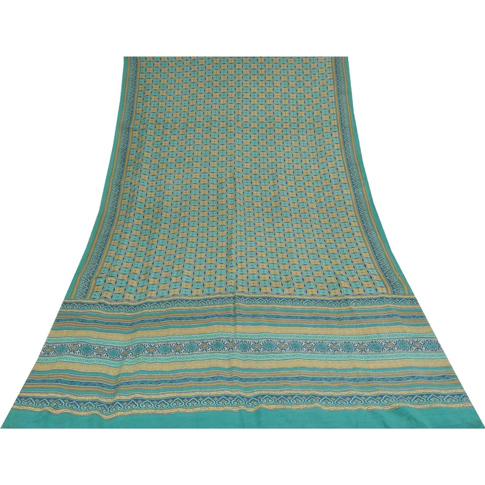 Sanskriti Vintage Sarees Blue Pure Crepe Silk Printed Sari 5+yd Craft Fabric