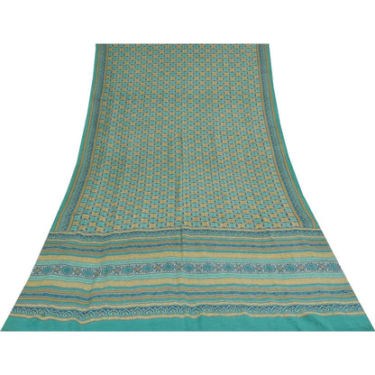 Sanskriti Vintage Sarees Blue Pure Crepe Silk Printed Sari 5+yd Craft Fabric