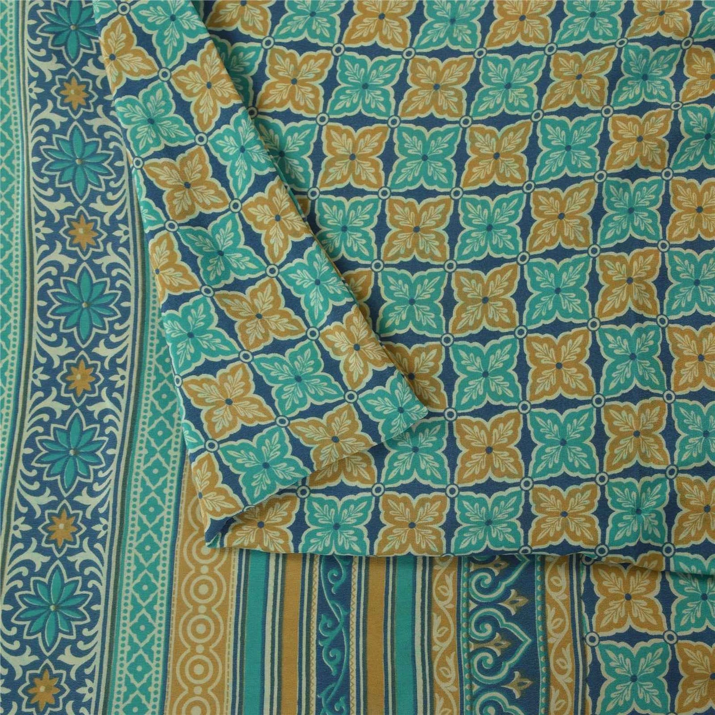 Sanskriti Vintage Sarees Blue Pure Crepe Silk Printed Sari 5+yd Craft Fabric
