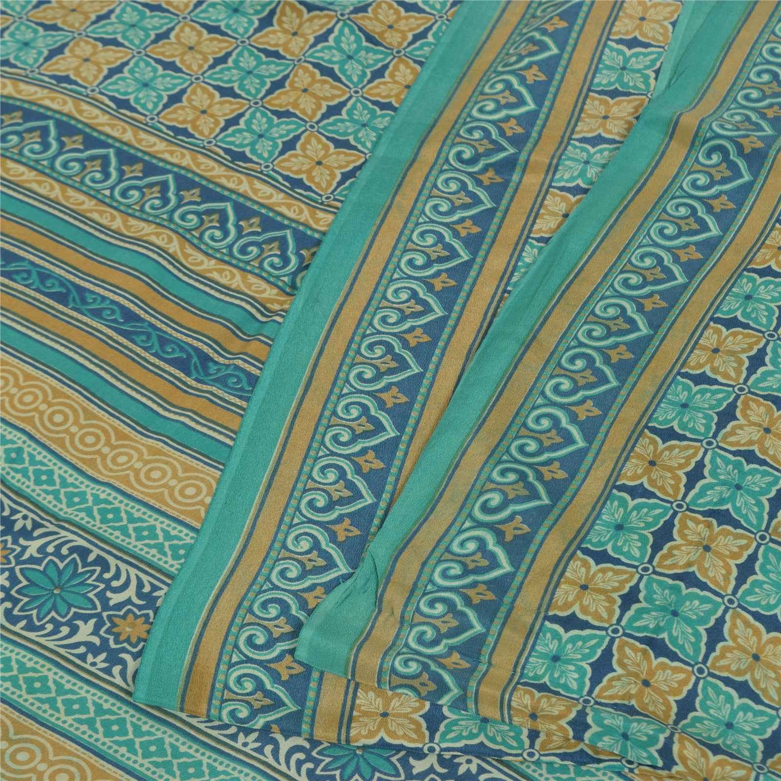 Sanskriti Vintage Sarees Blue Pure Crepe Silk Printed Sari 5+yd Craft Fabric