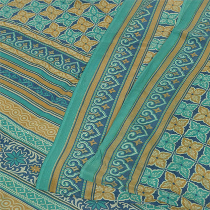 Sanskriti Vintage Sarees Blue Pure Crepe Silk Printed Sari 5+yd Craft Fabric