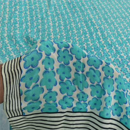 Sanskriti Vintage Sarees Blue Pure Crepe Silk Printed Sari 6yd Craft Fabric