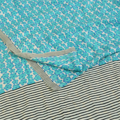 Sanskriti Vintage Sarees Blue Pure Crepe Silk Printed Sari 6yd Craft Fabric