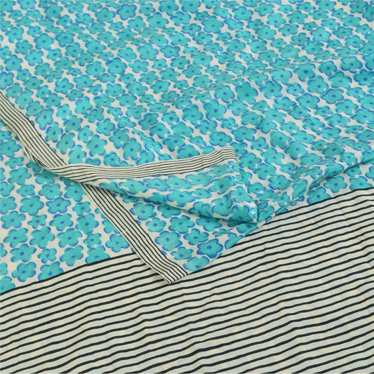 Sanskriti Vintage Sarees Blue Pure Crepe Silk Printed Sari 6yd Craft Fabric