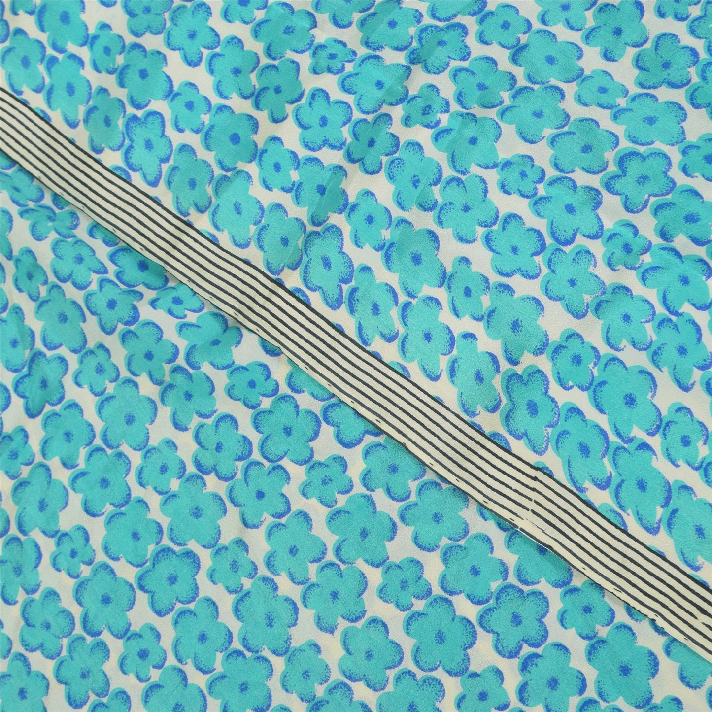 Sanskriti Vintage Sarees Blue Pure Crepe Silk Printed Sari 6yd Craft Fabric