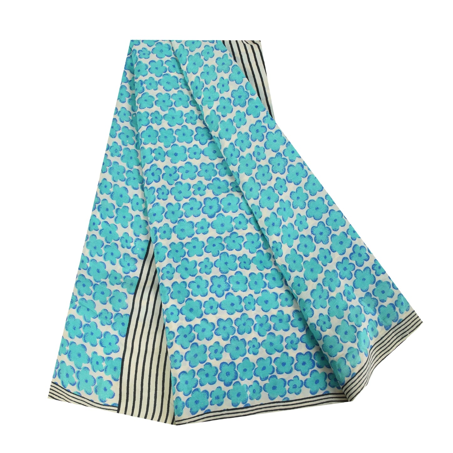 Sanskriti Vintage Sarees Blue Pure Crepe Silk Printed Sari 6yd Craft Fabric