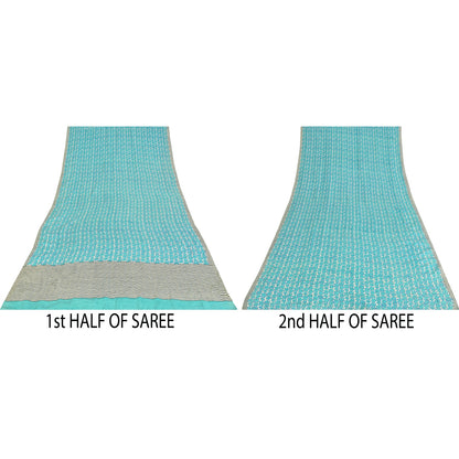 Sanskriti Vintage Sarees Blue Pure Crepe Silk Printed Sari 6yd Craft Fabric