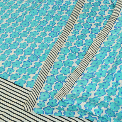 Sanskriti Vintage Sarees Blue Pure Crepe Silk Printed Sari 6yd Craft Fabric