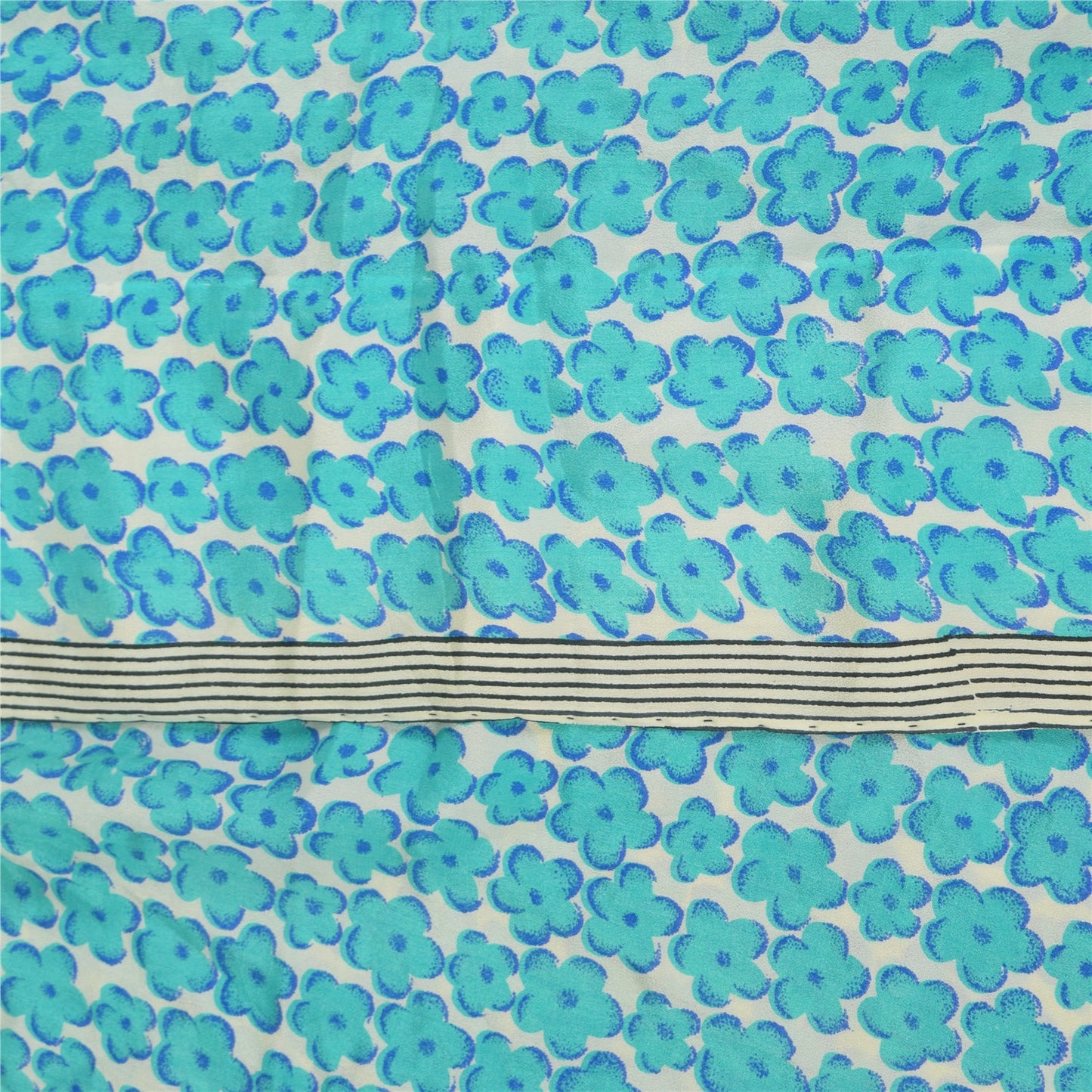 Sanskriti Vintage Sarees Blue Pure Crepe Silk Printed Sari 6yd Craft Fabric