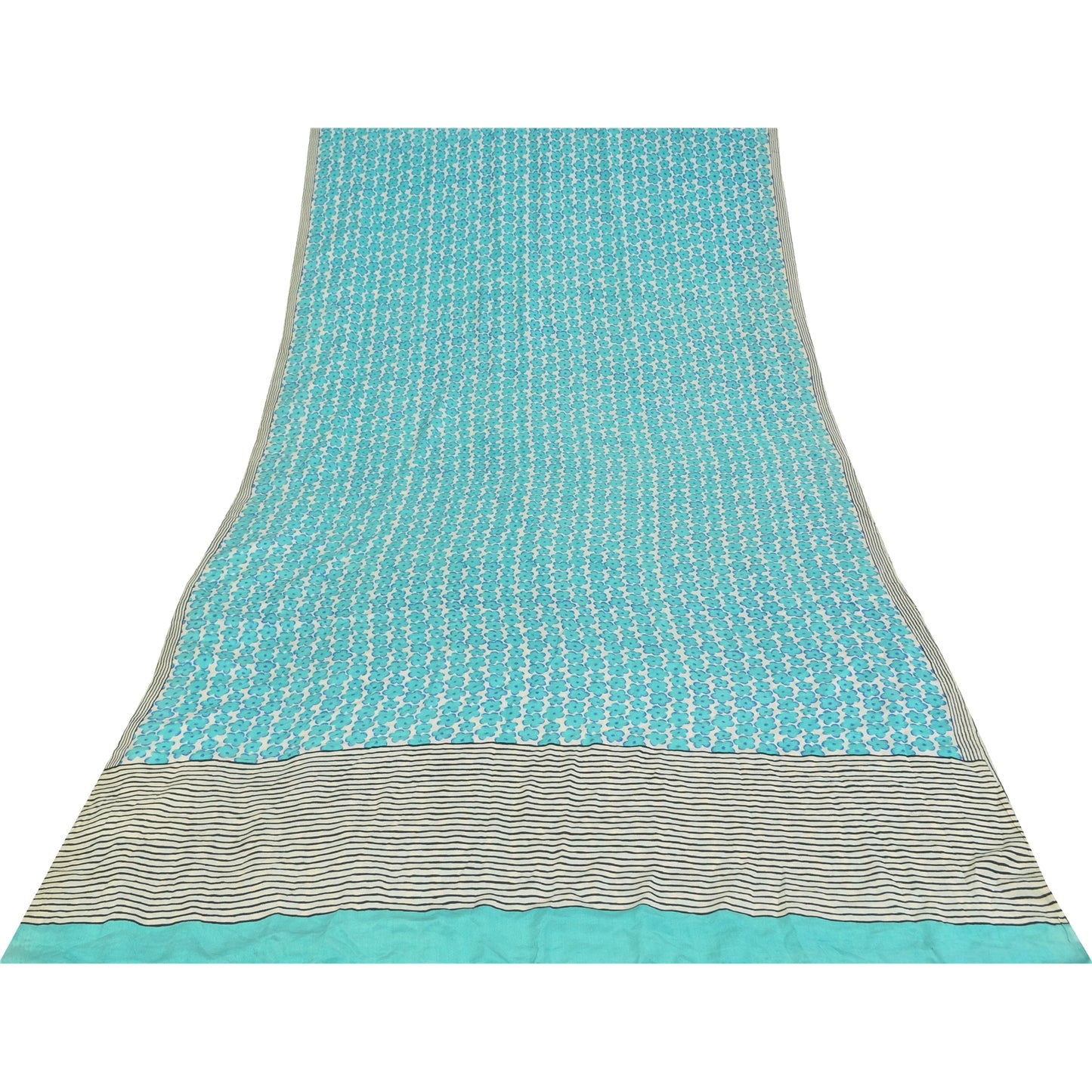 Sanskriti Vintage Sarees Blue Pure Crepe Silk Printed Sari 6yd Craft Fabric