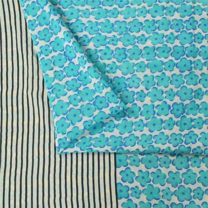 Sanskriti Vintage Sarees Blue Pure Crepe Silk Printed Sari 6yd Craft Fabric