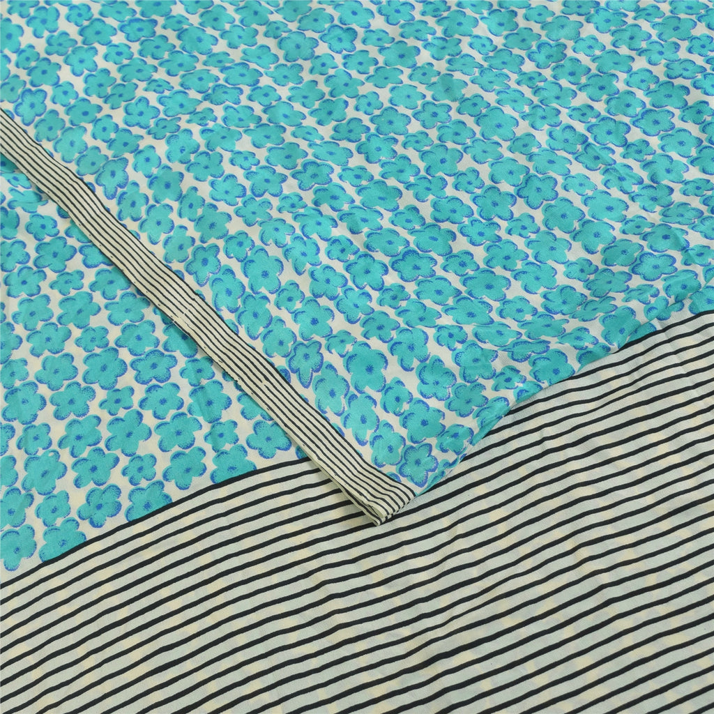 Sanskriti Vintage Sarees Blue Pure Crepe Silk Printed Sari 6yd Craft Fabric