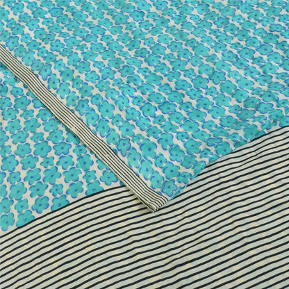 Sanskriti Vintage Sarees Blue Pure Crepe Silk Printed Sari 6yd Craft Fabric