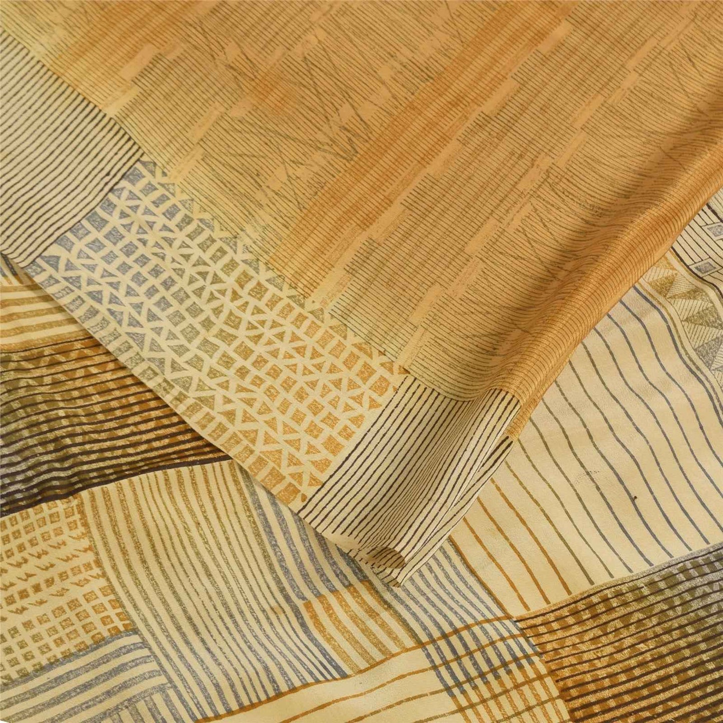 Sanskriti Vintage Sarees Brown Pure Crepe Silk Printed Sari 5+yd Craft Fabric