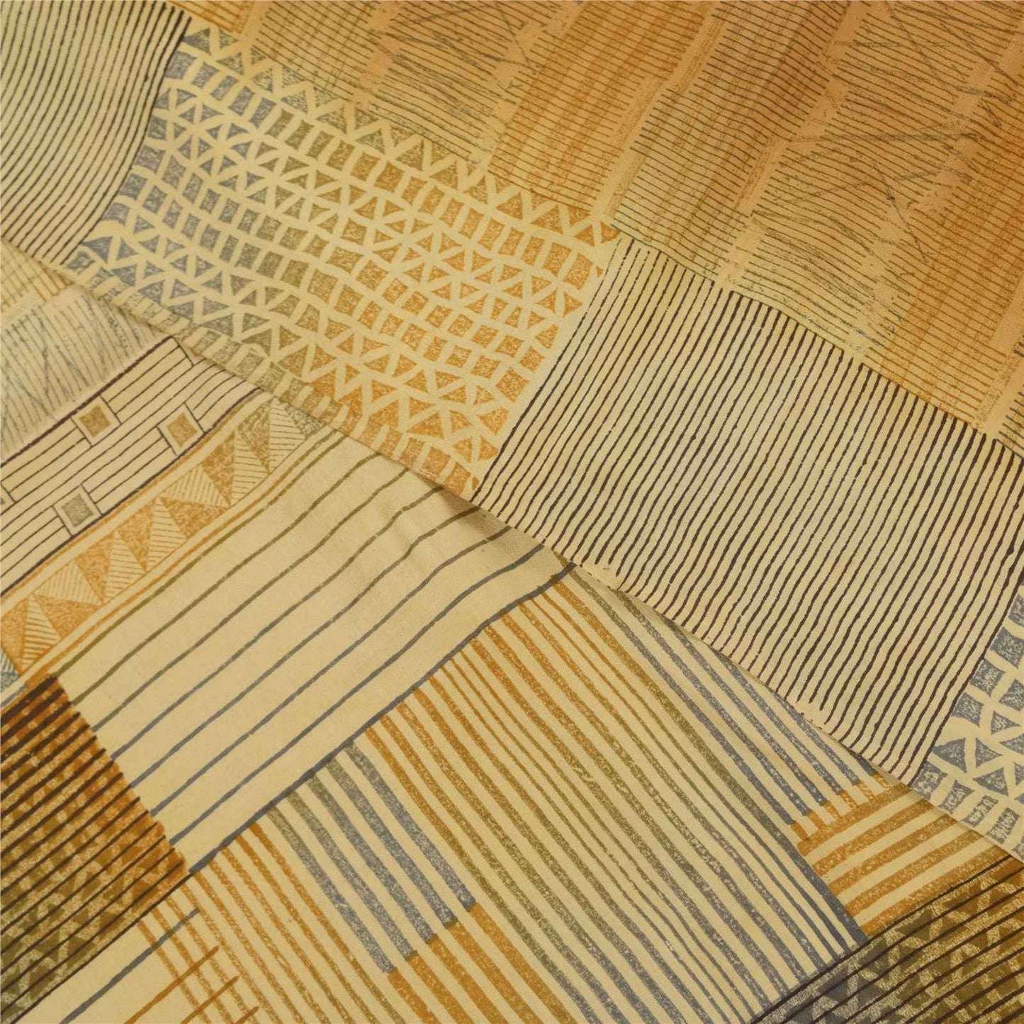 Sanskriti Vintage Sarees Brown Pure Crepe Silk Printed Sari 5+yd Craft Fabric