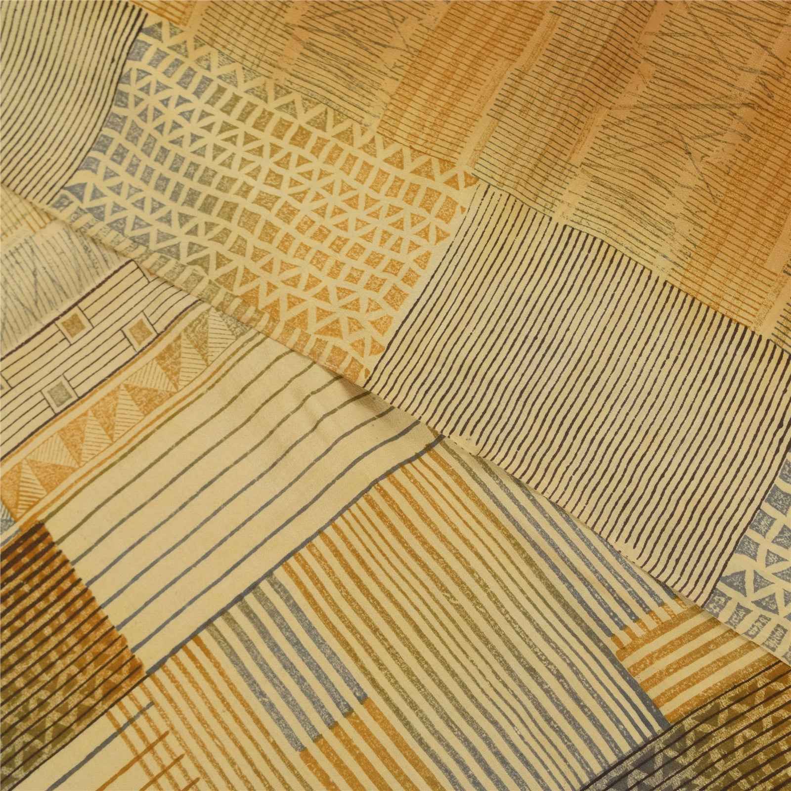 Sanskriti Vintage Sarees Brown Pure Crepe Silk Printed Sari 5+yd Craft Fabric