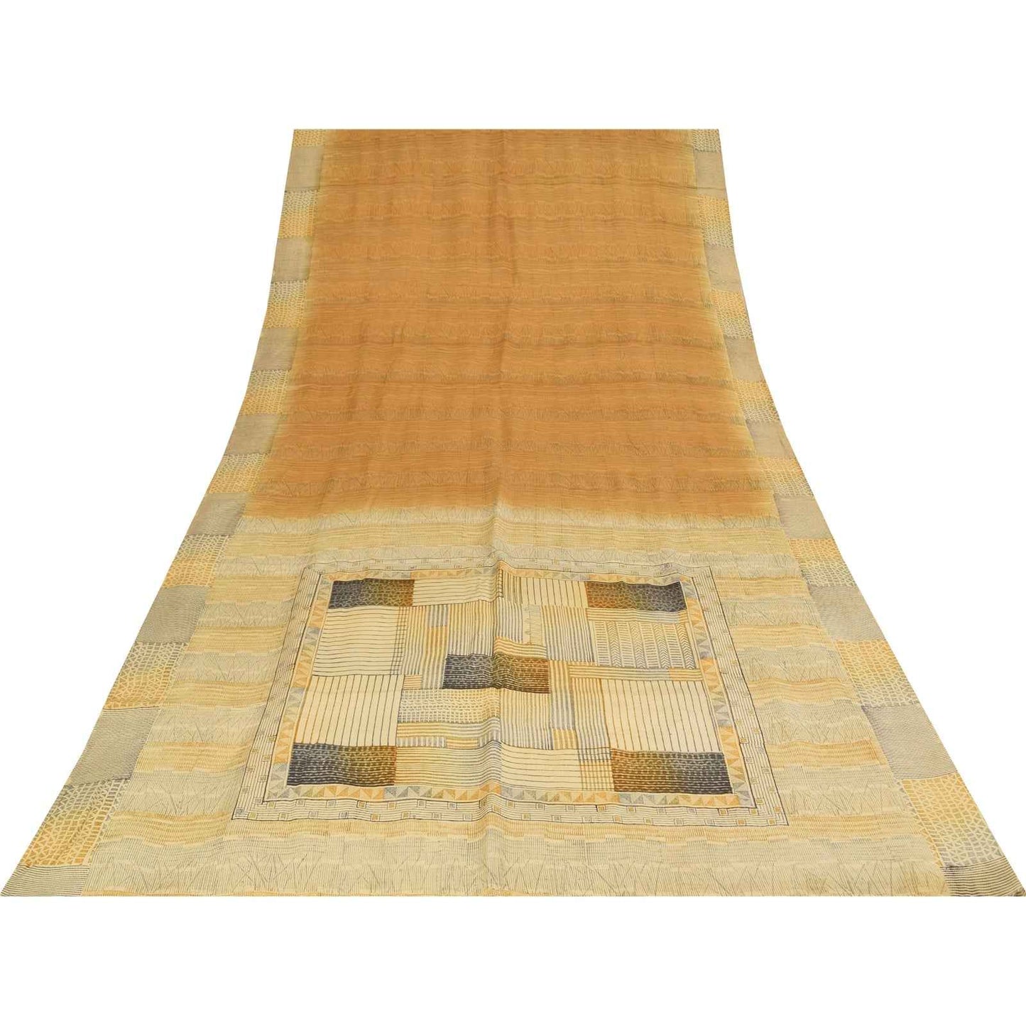 Sanskriti Vintage Sarees Brown Pure Crepe Silk Printed Sari 5+yd Craft Fabric