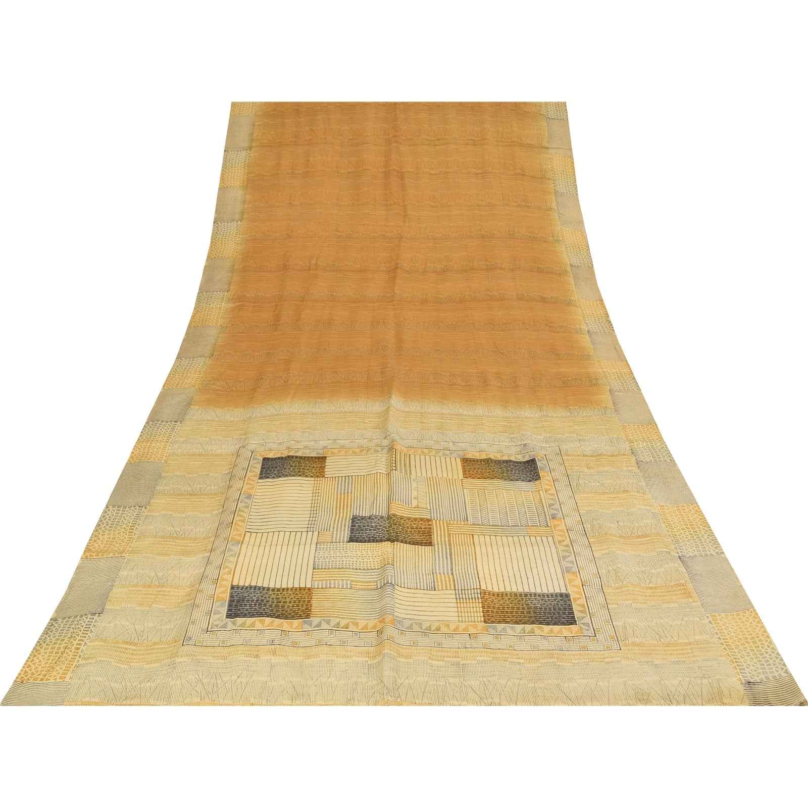 Sanskriti Vintage Sarees Brown Pure Crepe Silk Printed Sari 5+yd Craft Fabric