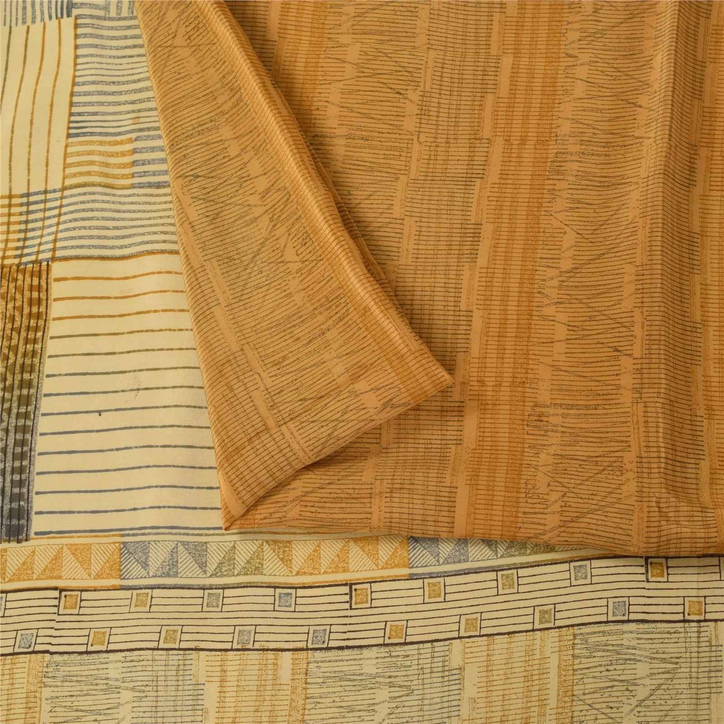 Sanskriti Vintage Sarees Brown Pure Crepe Silk Printed Sari 5+yd Craft Fabric