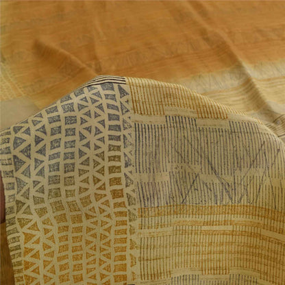 Sanskriti Vintage Sarees Brown Pure Crepe Silk Printed Sari 5+yd Craft Fabric