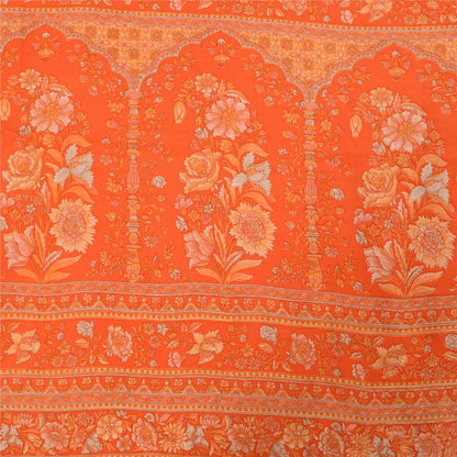 Sanskriti Vintage Sarees Orange Pure Crepe Silk Printed Sari 5+yd Craft Fabric