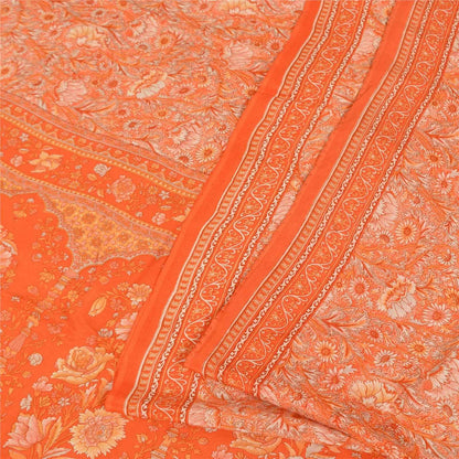 Sanskriti Vintage Sarees Orange Pure Crepe Silk Printed Sari 5+yd Craft Fabric