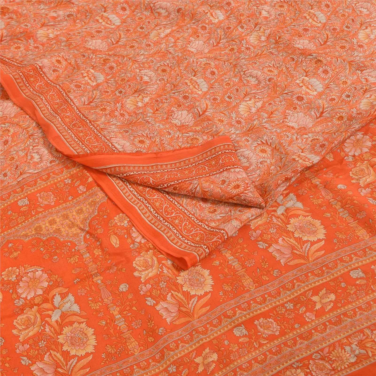 Sanskriti Vintage Sarees Orange Pure Crepe Silk Printed Sari 5+yd Craft Fabric