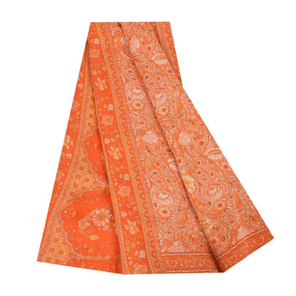 Sanskriti Vintage Sarees Orange Pure Crepe Silk Printed Sari 5+yd Craft Fabric