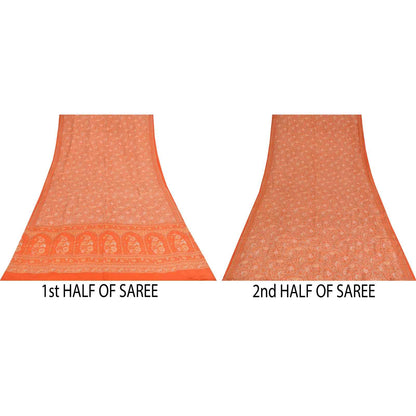 Sanskriti Vintage Sarees Orange Pure Crepe Silk Printed Sari 5+yd Craft Fabric