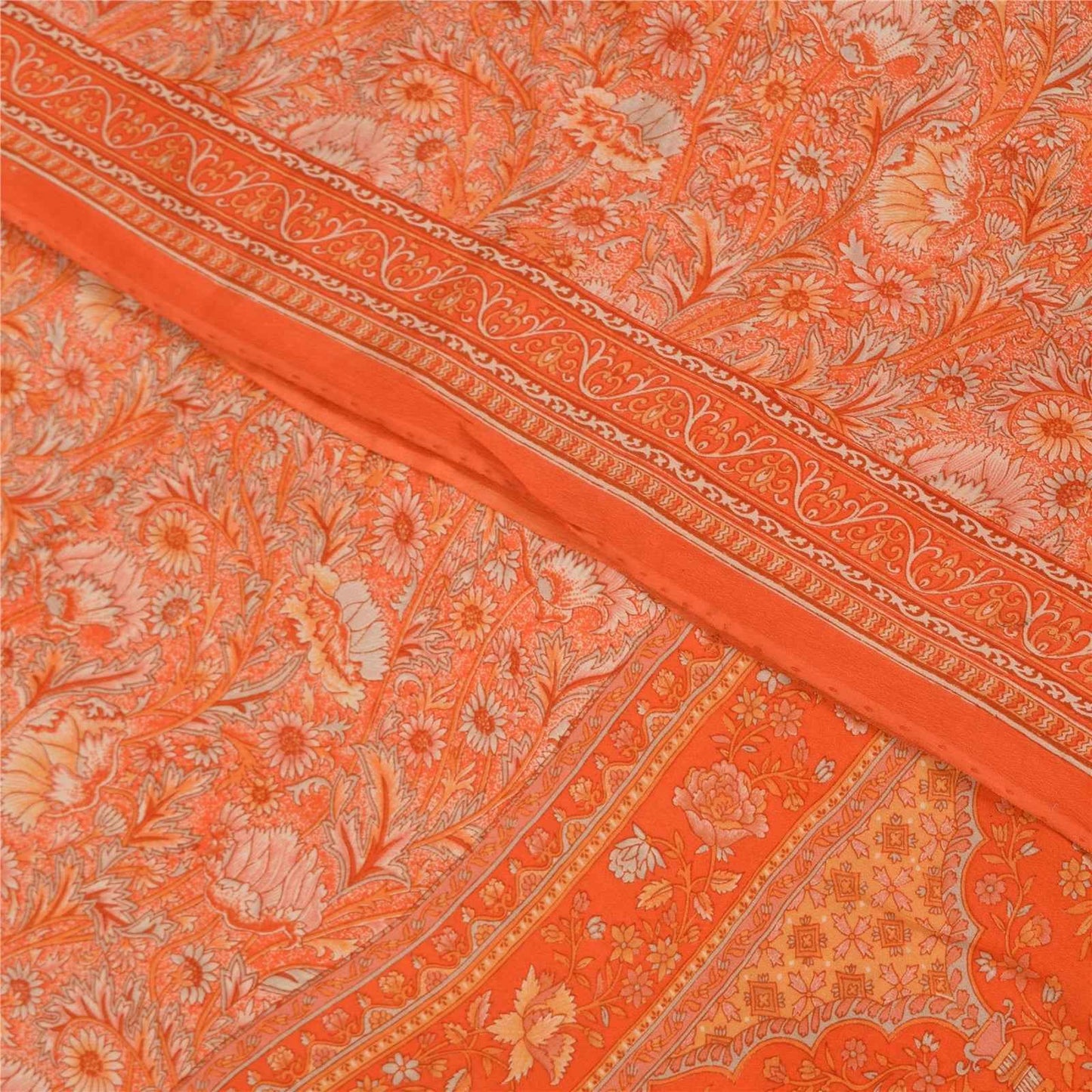 Sanskriti Vintage Sarees Orange Pure Crepe Silk Printed Sari 5+yd Craft Fabric