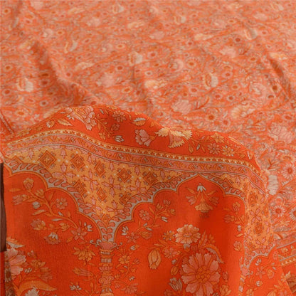 Sanskriti Vintage Sarees Orange Pure Crepe Silk Printed Sari 5+yd Craft Fabric