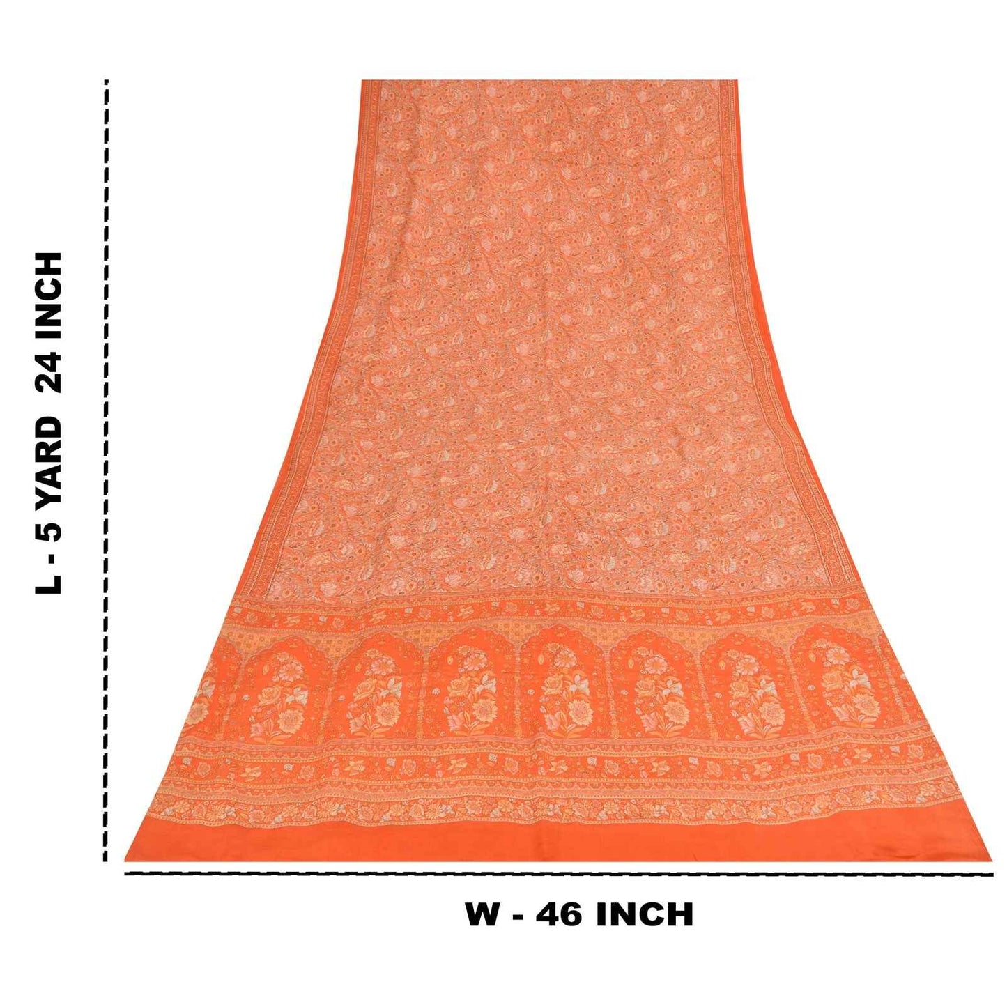 Sanskriti Vintage Sarees Orange Pure Crepe Silk Printed Sari 5+yd Craft Fabric