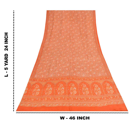 Sanskriti Vintage Sarees Orange Pure Crepe Silk Printed Sari 5+yd Craft Fabric