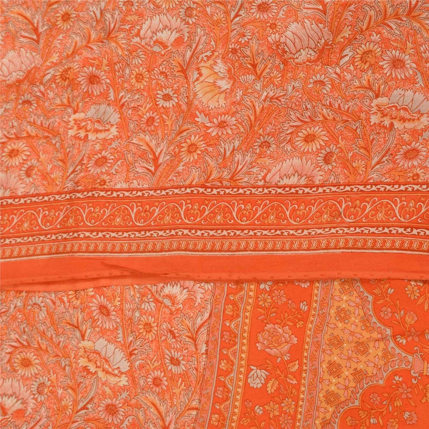 Sanskriti Vintage Sarees Orange Pure Crepe Silk Printed Sari 5+yd Craft Fabric