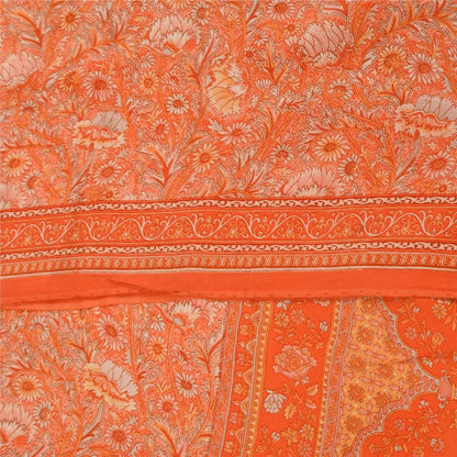 Sanskriti Vintage Sarees Orange Pure Crepe Silk Printed Sari 5+yd Craft Fabric