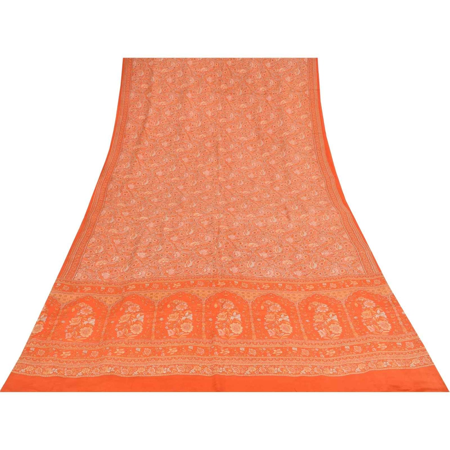 Sanskriti Vintage Sarees Orange Pure Crepe Silk Printed Sari 5+yd Craft Fabric