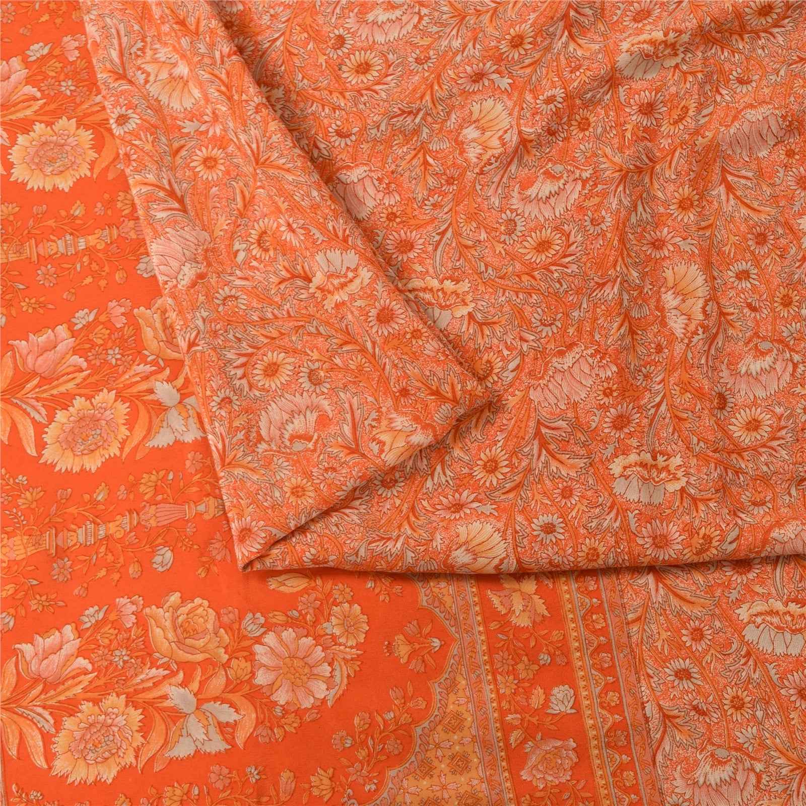Sanskriti Vintage Sarees Orange Pure Crepe Silk Printed Sari 5+yd Craft Fabric