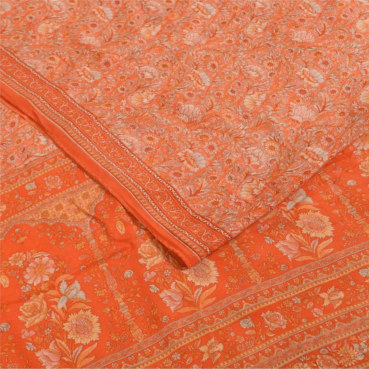 Sanskriti Vintage Sarees Orange Pure Crepe Silk Printed Sari 5+yd Craft Fabric